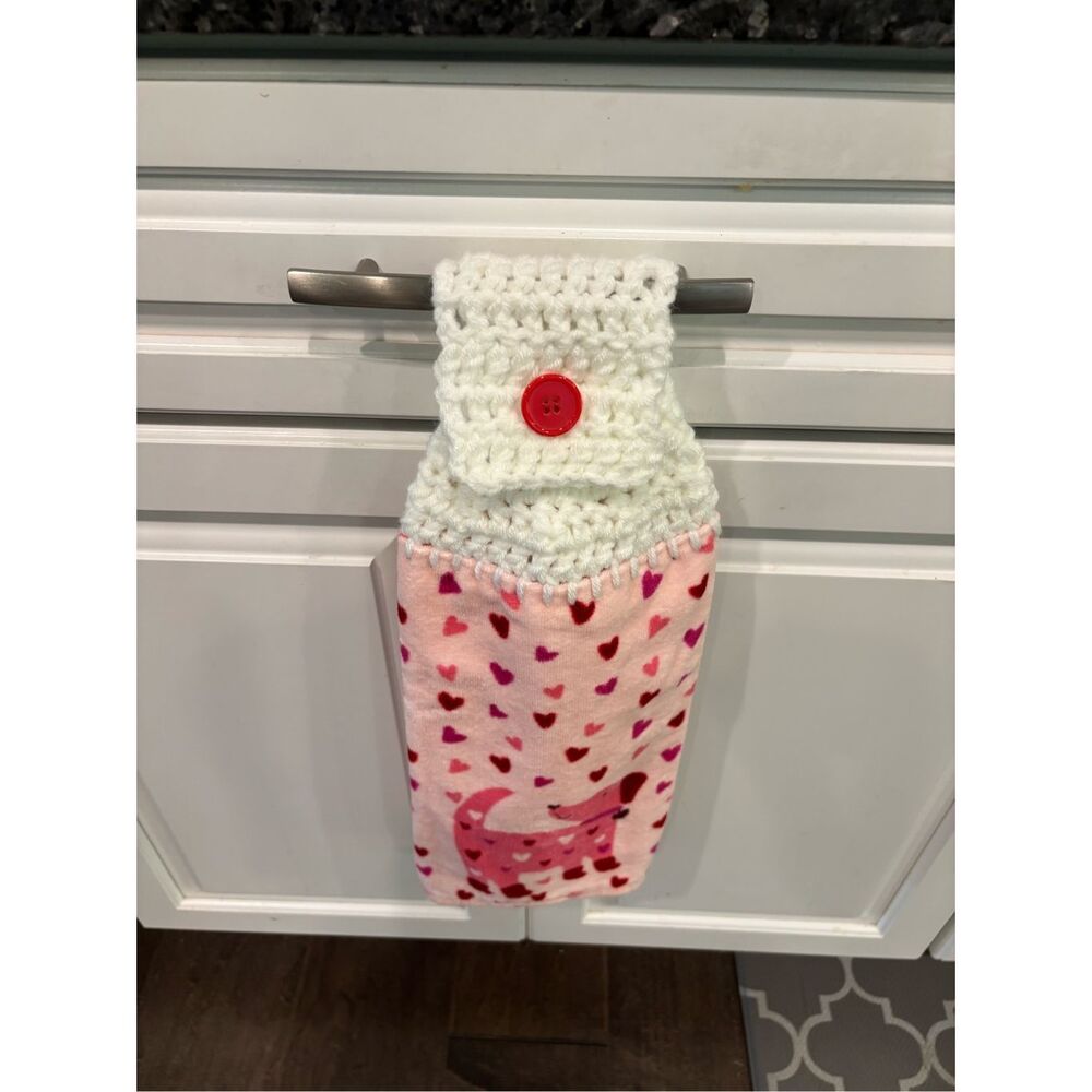 Crochet Top Kitchen Towel-Dog with hearts